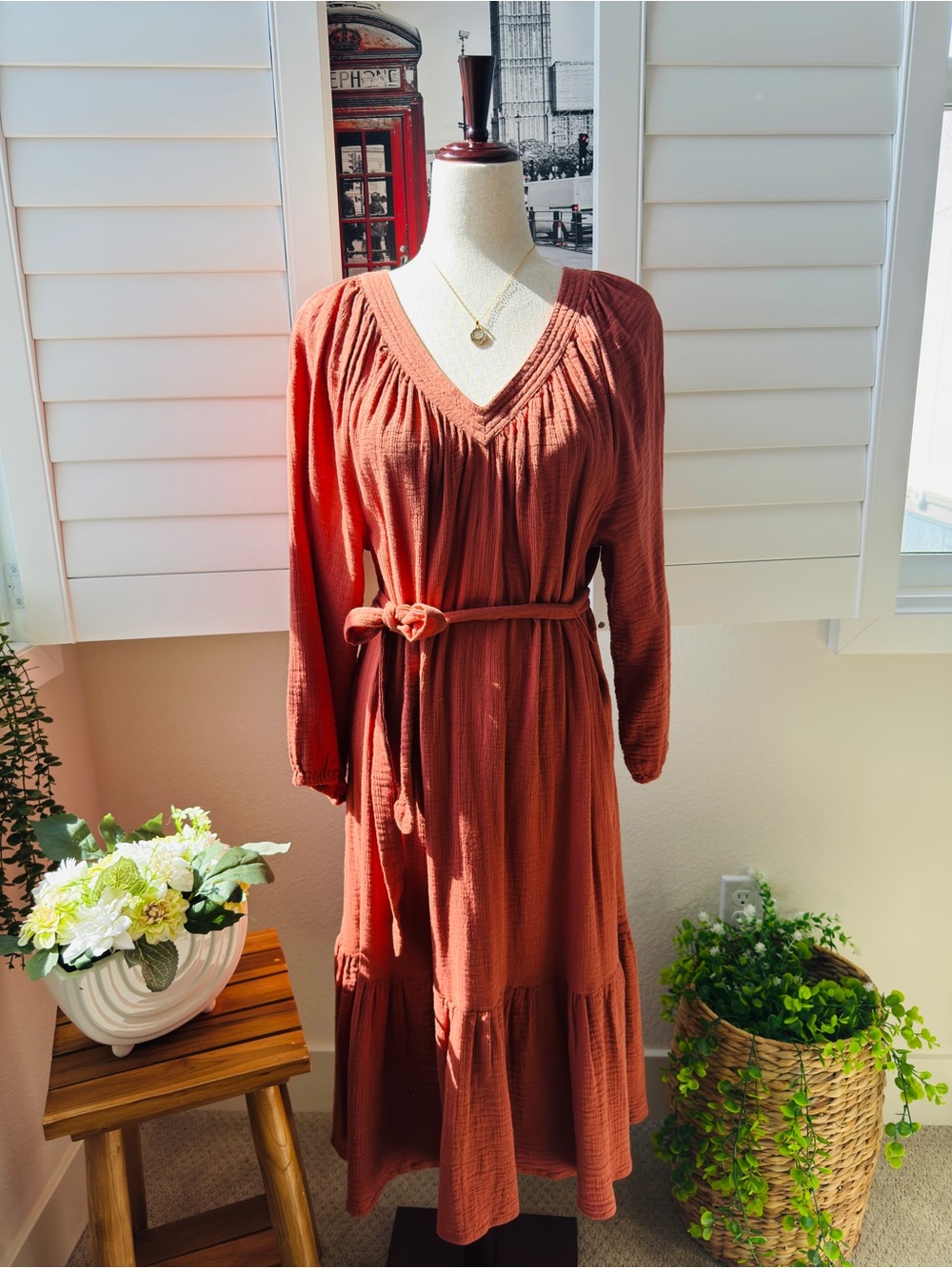 Lucky Brand. Size L.  Rust Long Sleeve V-Neck Belted Dress